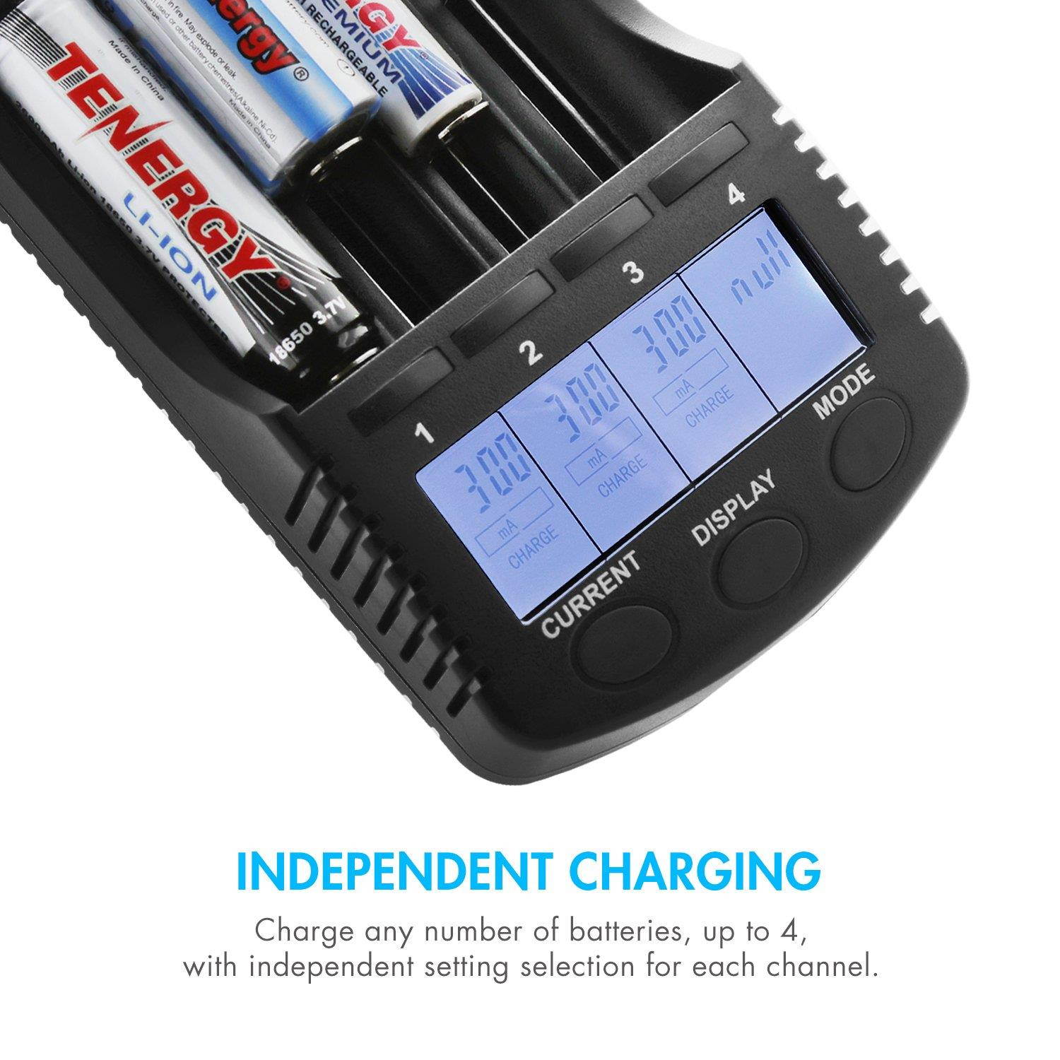 Tenergy TN456 Intelligent Universal Battery Charger with 4 Slots, LCD Display, USB Output, Power Adapter, Rechargeable Battery Charger for Li-ion/NiMH/NiCD Rechargeable Batteries
