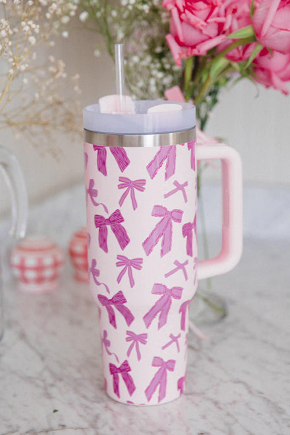 Pink Checkered Print Handled Stainless Steel Tumbler Cup