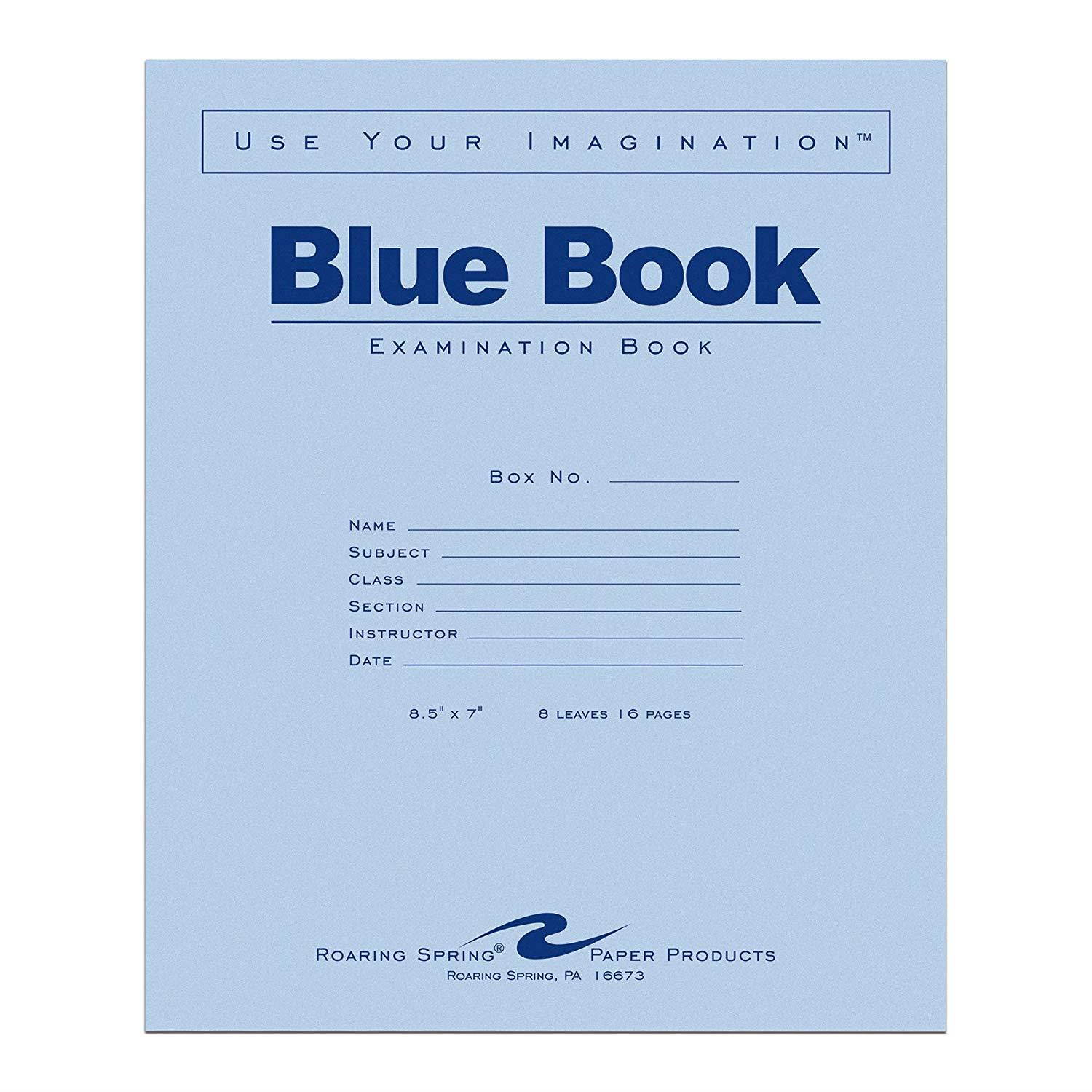 Roaring Spring Exam Book 8.5 x 7 Inches 8 Sheets/16 Pages Wide Ruled with Margin Blue Cover Sold as Pack of 50 Books (77412)