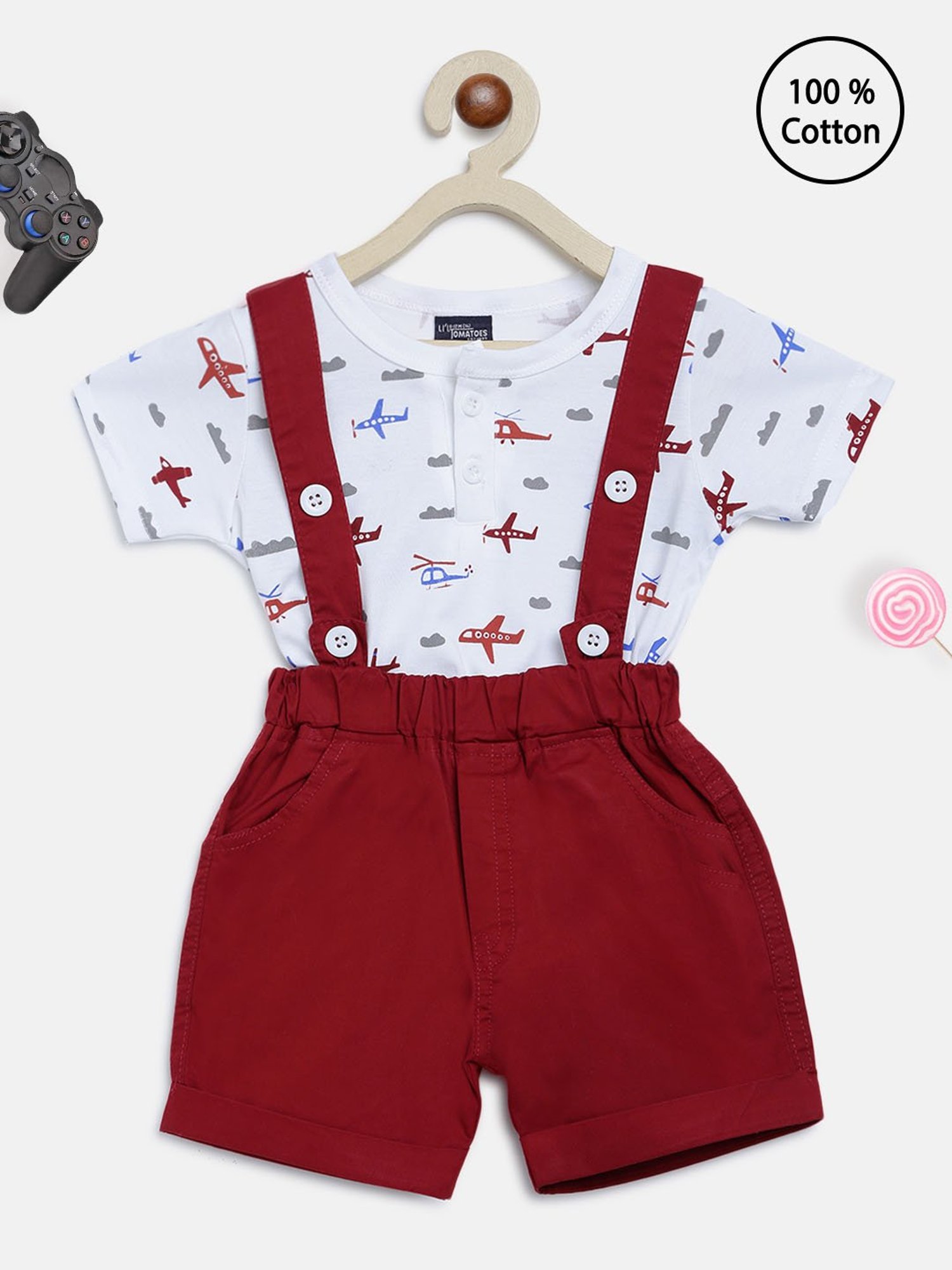 Li'l Tomatoes Kids White & Maroon Printed T-Shirt with Dungaree