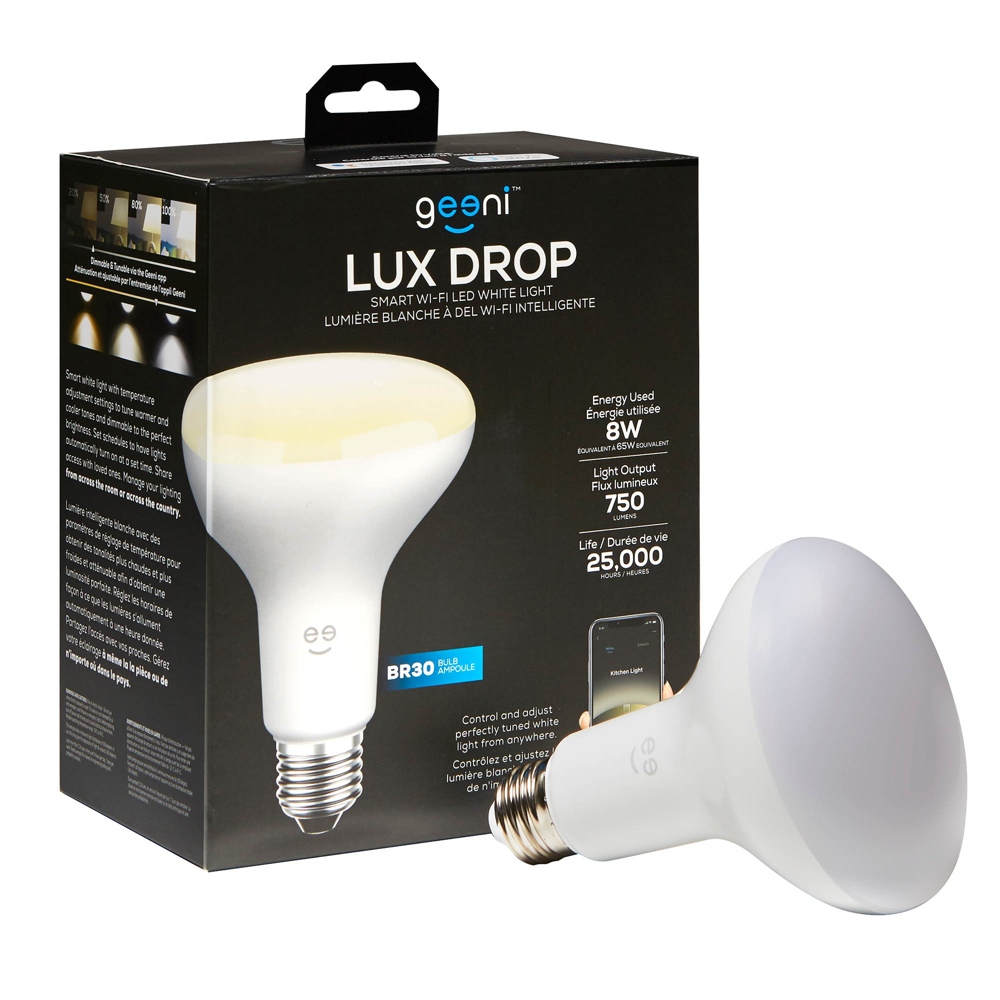 LUX DROP 65W Equivalent Warm White BR30 Smart Dimmable and Adjustable LED Light Bulb