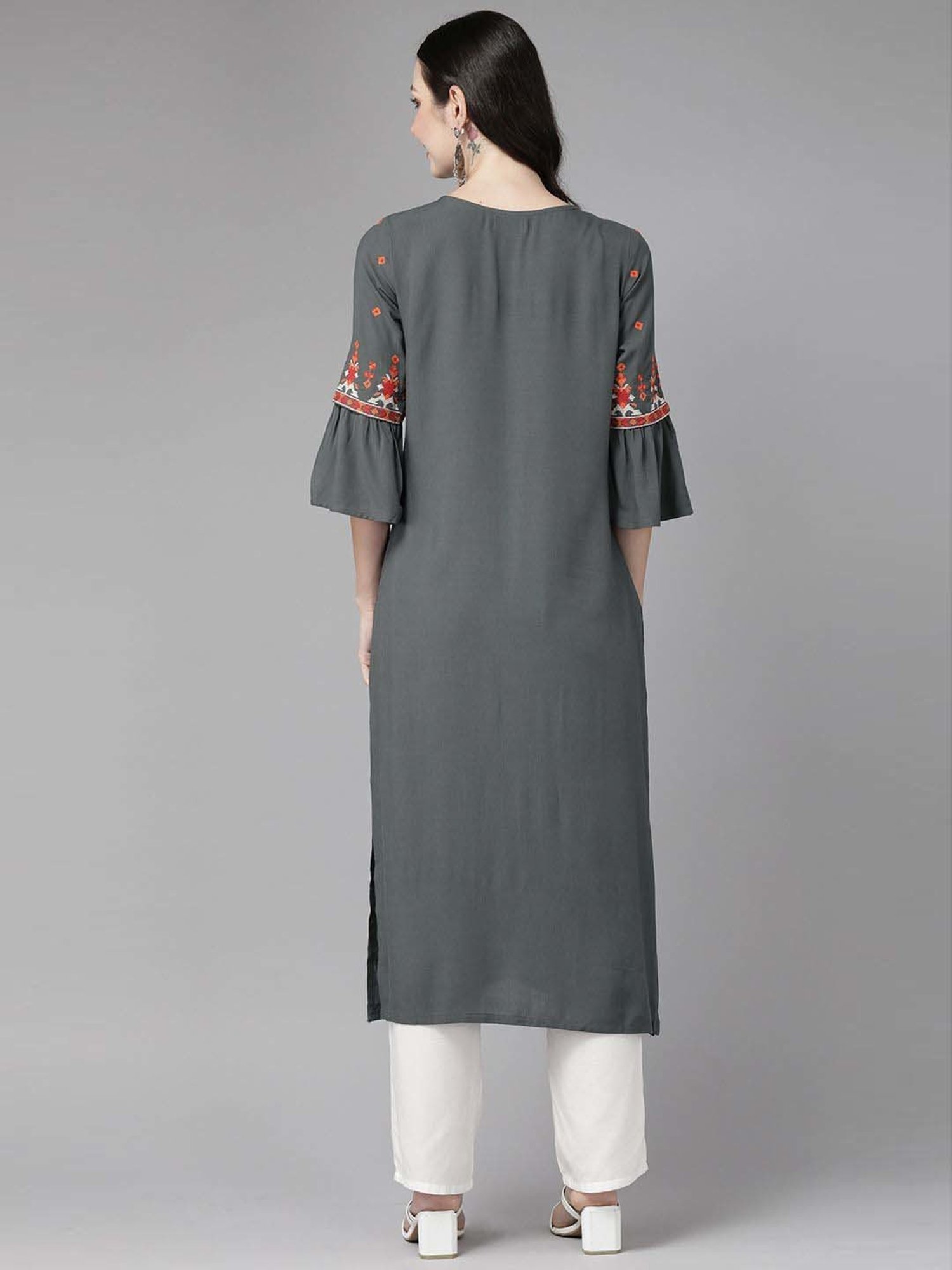 Cayman Grey Cotton Embroidered Straight Kurta