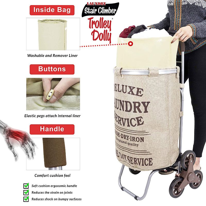 dbest products 38 Inch Stair Climber Trolley Dolly with Laundry Hamper Utility Cart with Removable Washable Liner, Beige