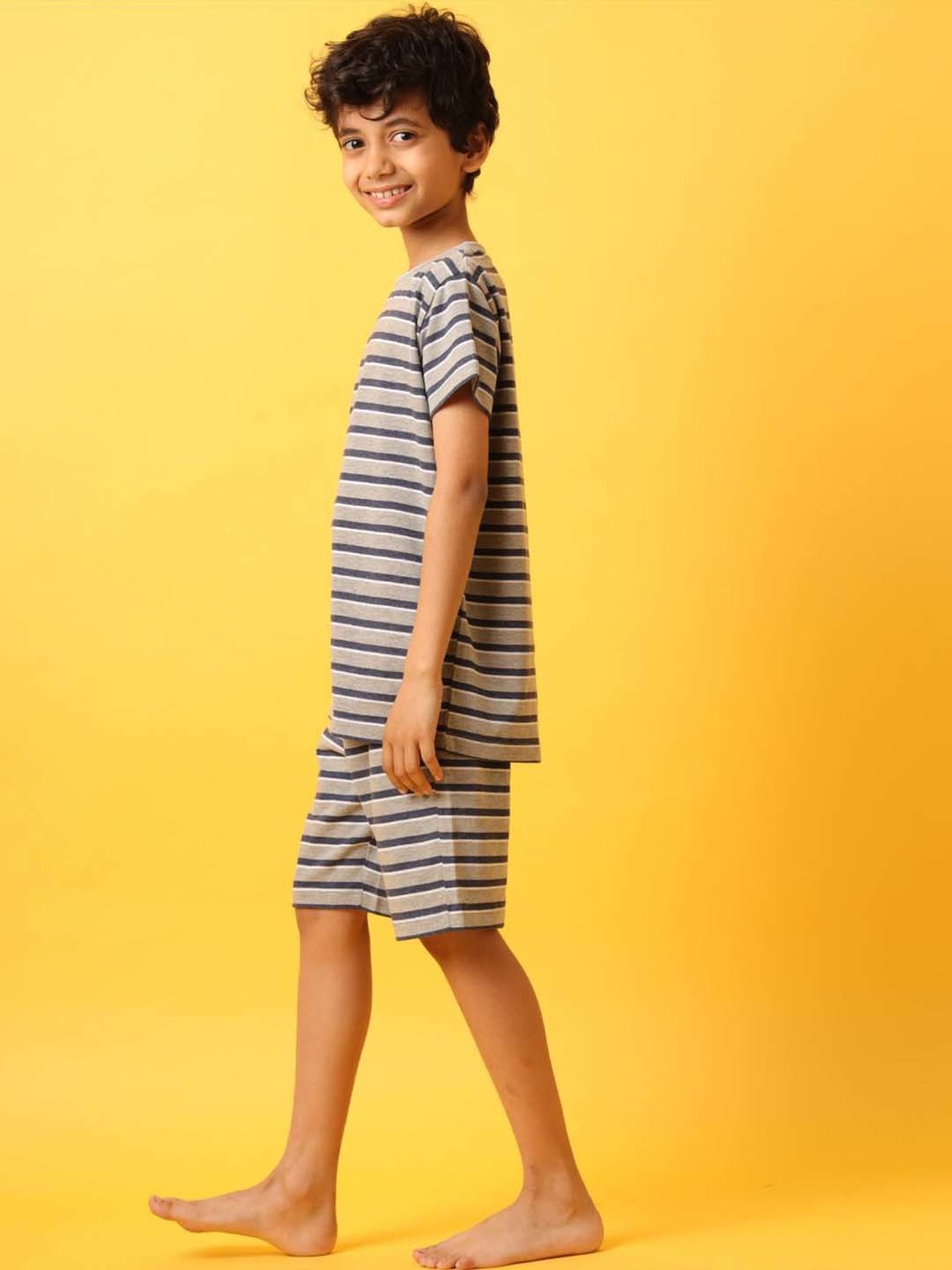 Anthrilo Kids Grey Cotton Striped T-Shirt & Short