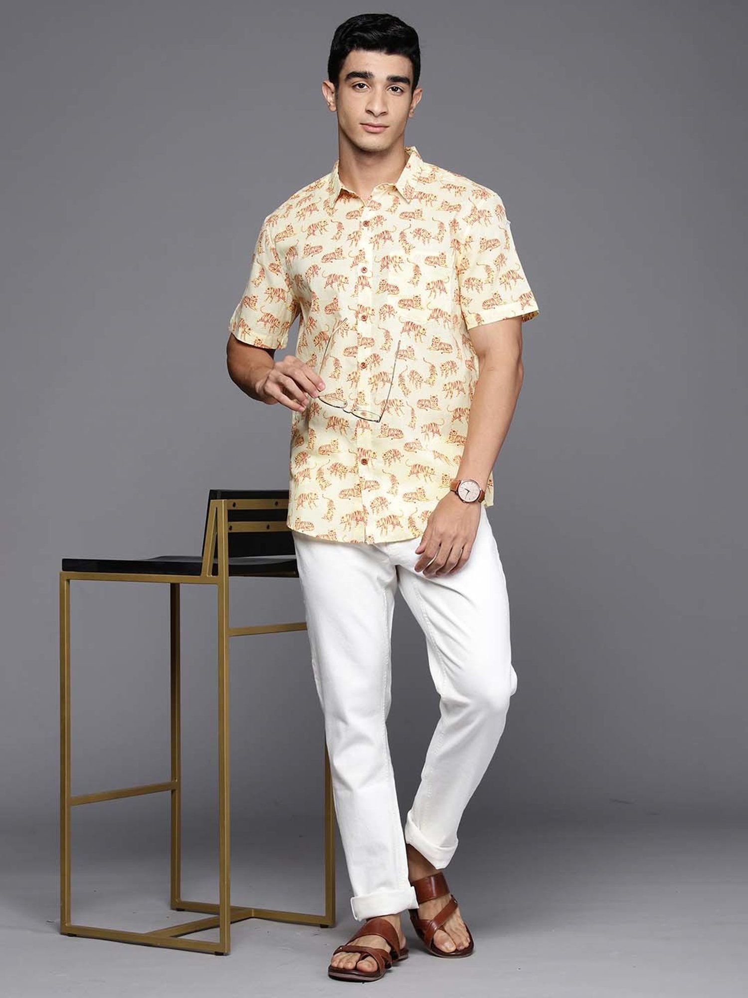 Indo Era Light Yellow Regular Fit Printed Ethnic Shirt