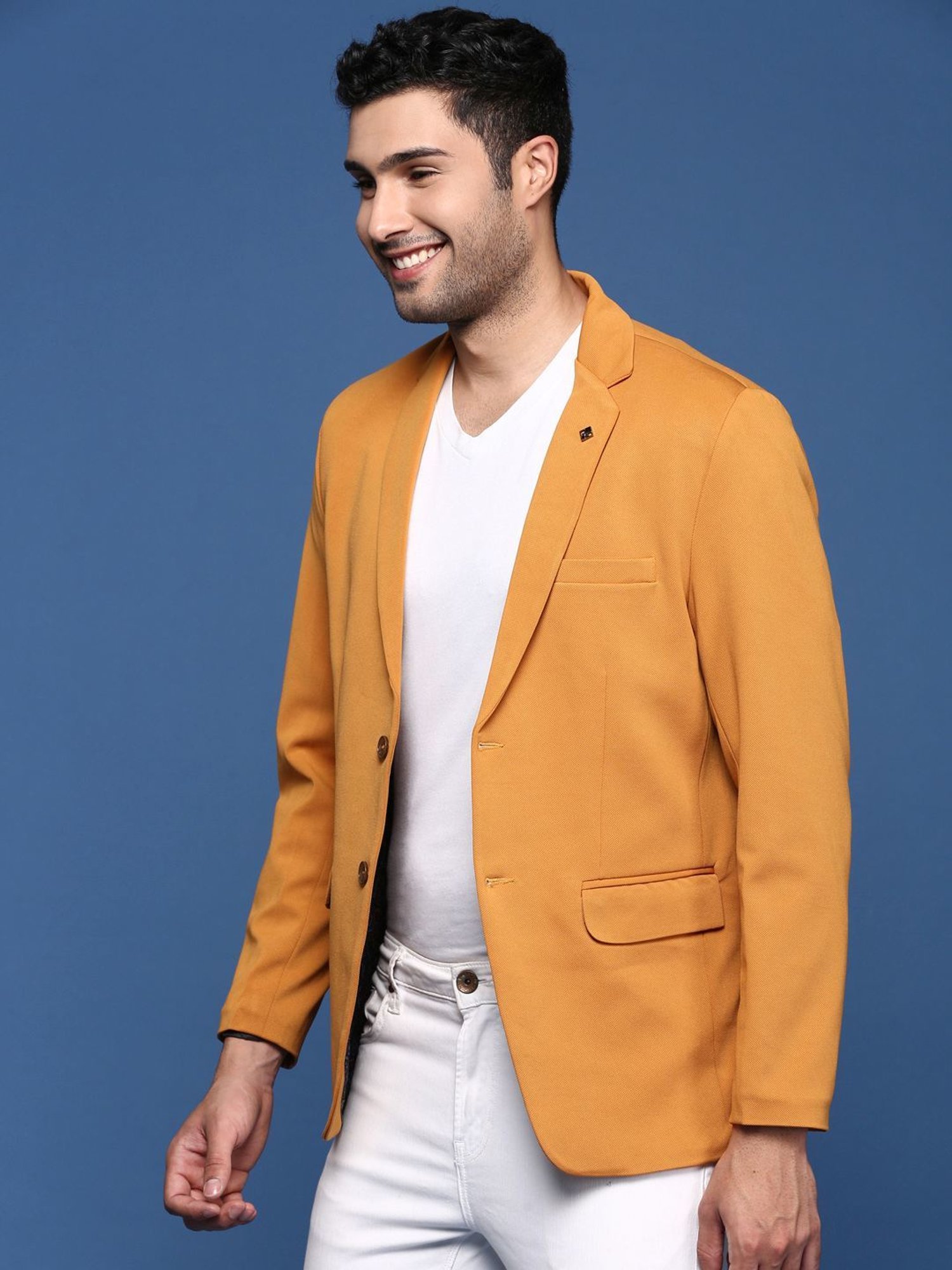 Showoff Mustard Cotton Slim Fit Blazer