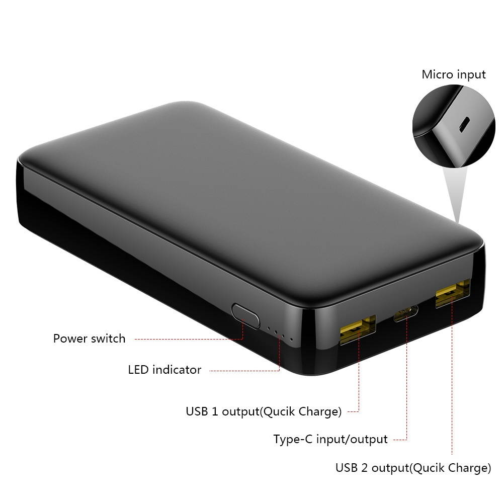 Quick Charge 3.0 USB-C PD Power Delivery Portable Power Bank Battery Pack Triple USB Charger 20000mAh - Black