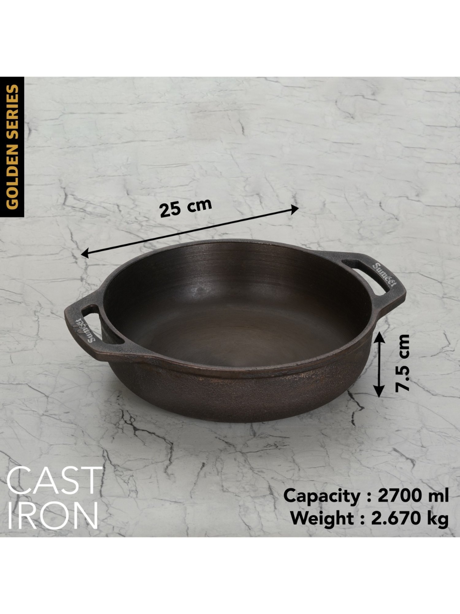 Sumeet Gold Pre Seasoned Cast Iron Kadai for Deep Fry 2.7 Ltr, 25cm-2.670kg,Gas & Induction-Friendly