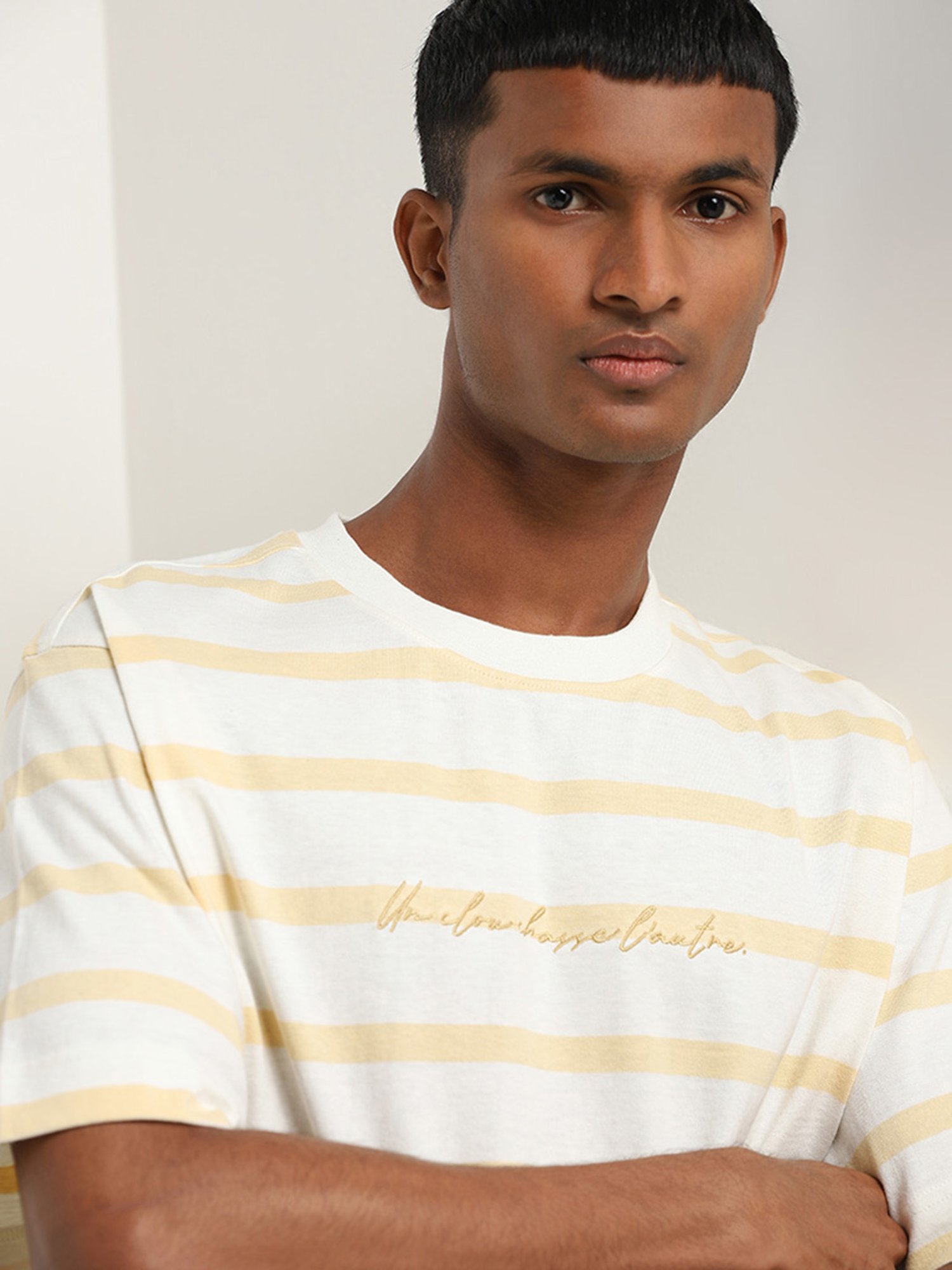 Nuon by Westside Yellow Striped Relaxed-Fit Cotton T-Shirt