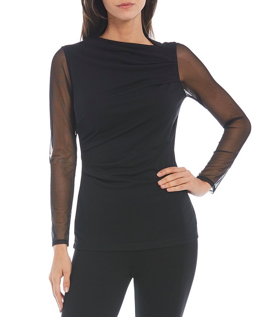 Donna Karan New York Drape Neck Long Mesh Sleeve Asymmetric Ruched Crepe Jersey Top