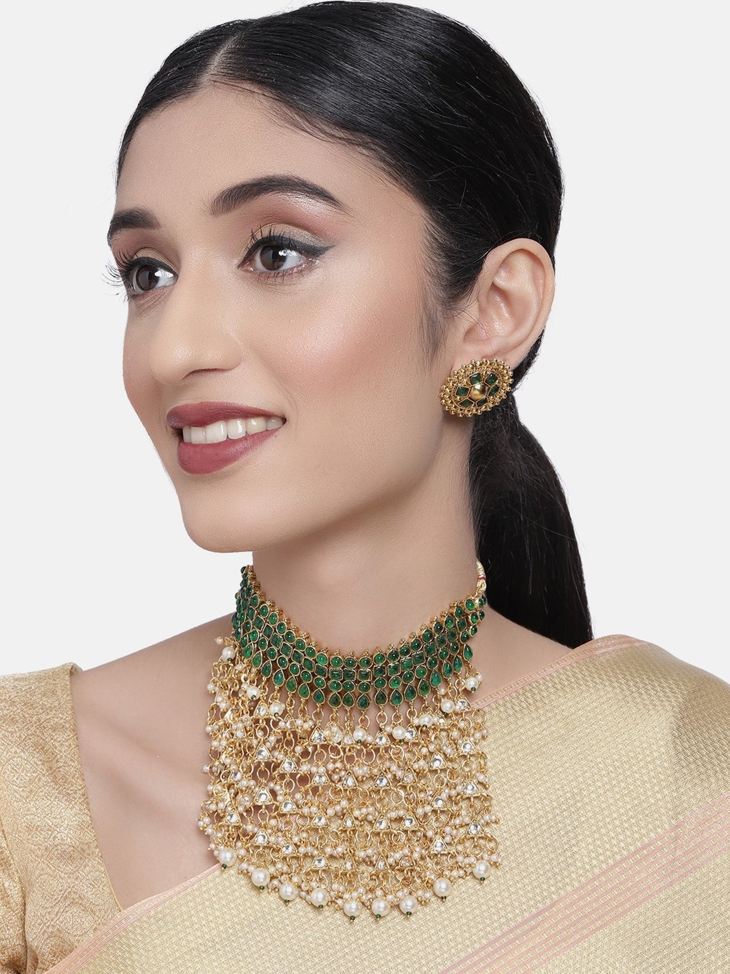 Zaveri Pearls Green Stones Wedding Collection Kundan Choker Necklace & Earring Set-ZPFK10239