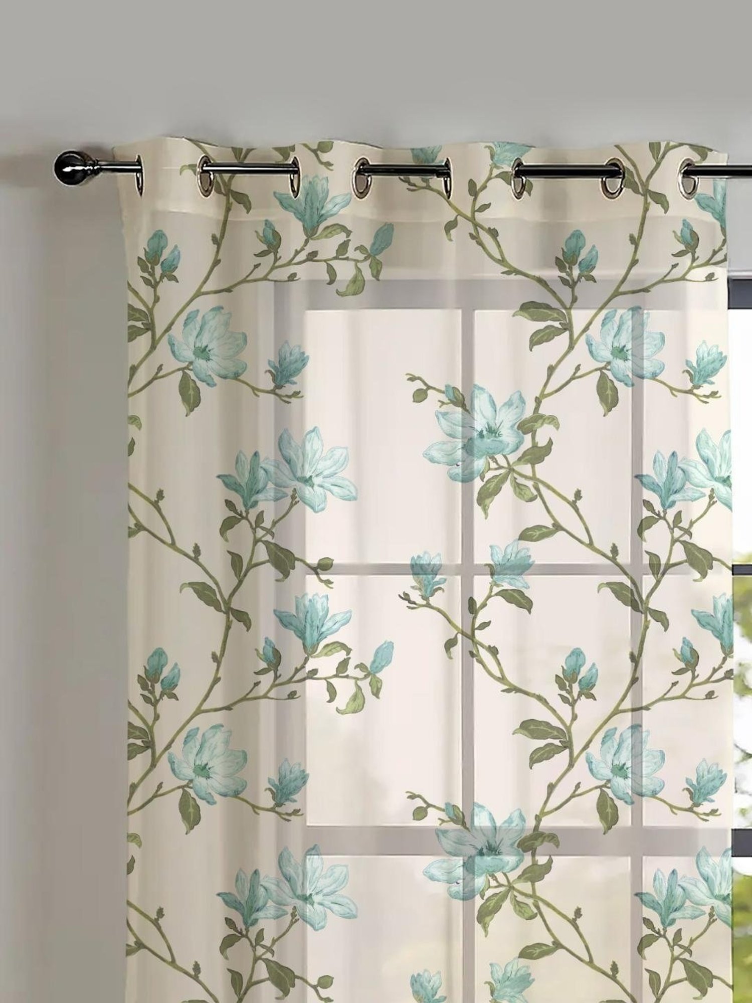 SPACES DRAPE STORY Elegent Floral Turquoise Green & White Polyester 5 ft Window Curtains - Set of 2