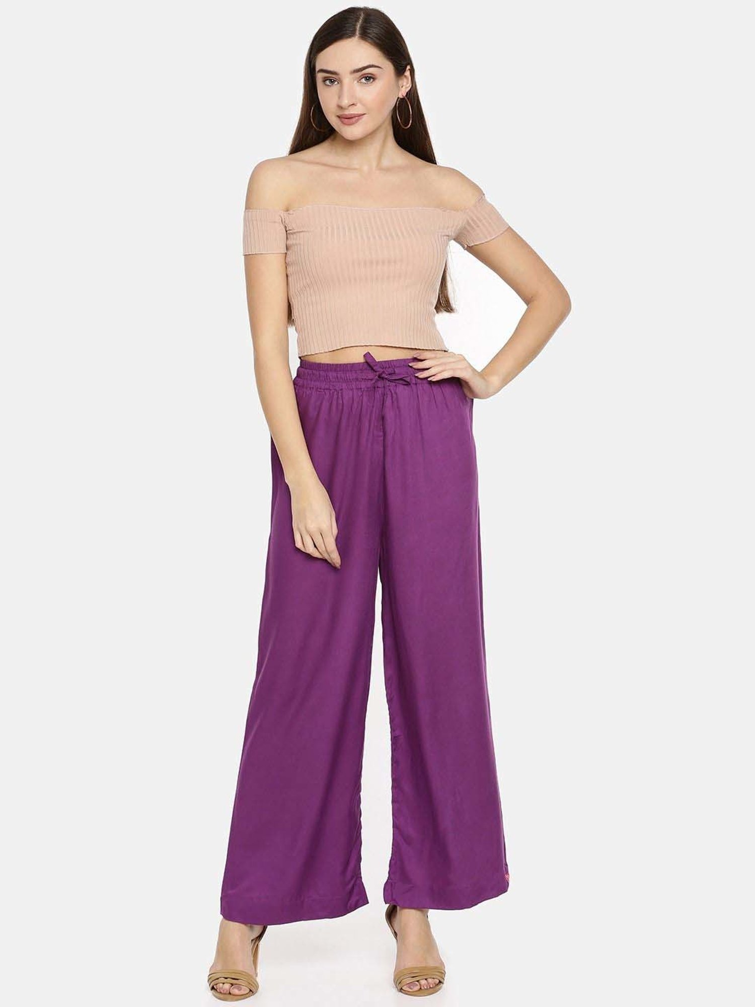 TWIN BIRDS Green & Purple Mid Rise Palazzos - Pack Of 2