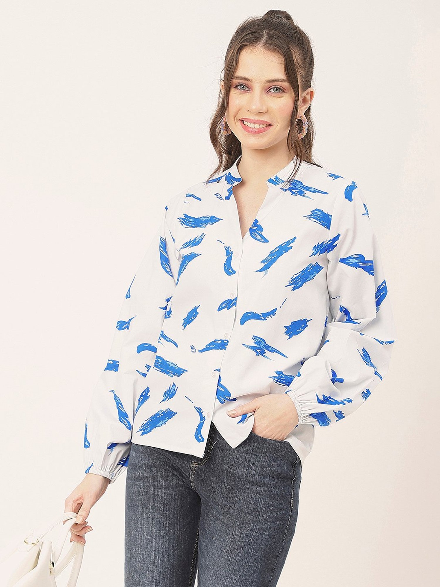 Moomaya Bright White Cotton Printed Shirt