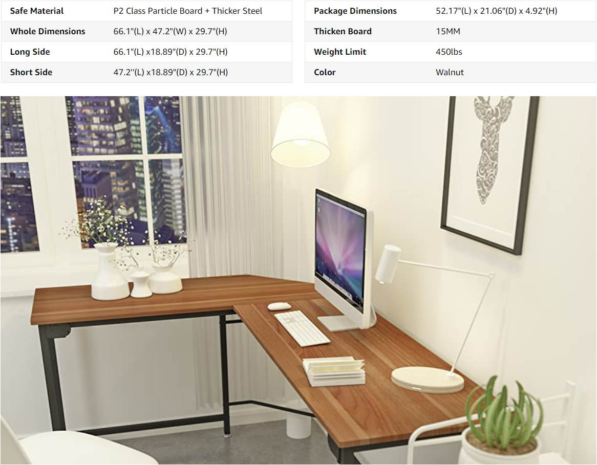 L-Shaped Desk, 66 Inch Walnut Corner Gaming Computer Desks for Home Office PC Workstation Table,Wood(Walnut) & Metal(Black)