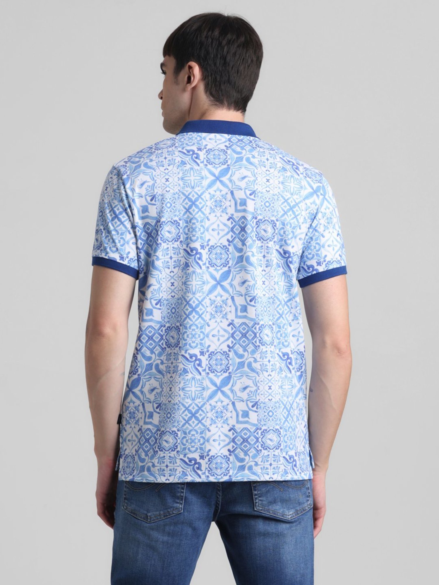 Jack & Jones Blue Ashes Cotton Regular Fit Printed Polo T-Shirt
