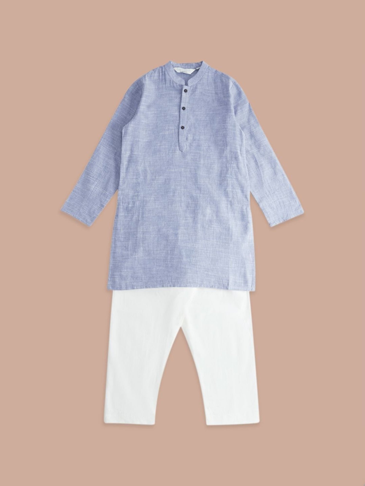Indus Route by Pantaloons Kids Blue & White Cotton Self Pattern Full Sleeves Kurta Set