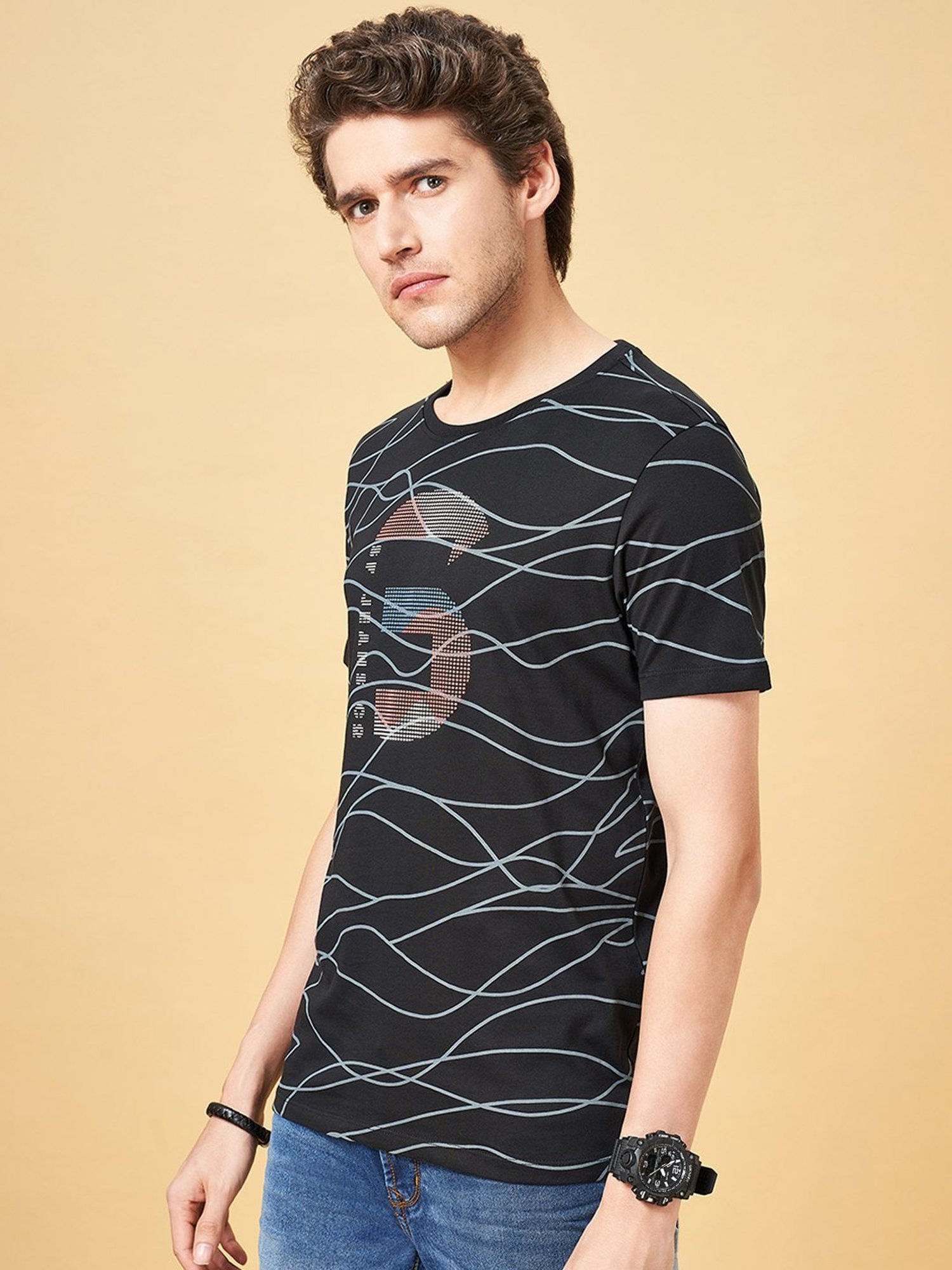 SF Jeans by Pantaloons Jet Black Cotton Slim Fit Printed T-Shirt