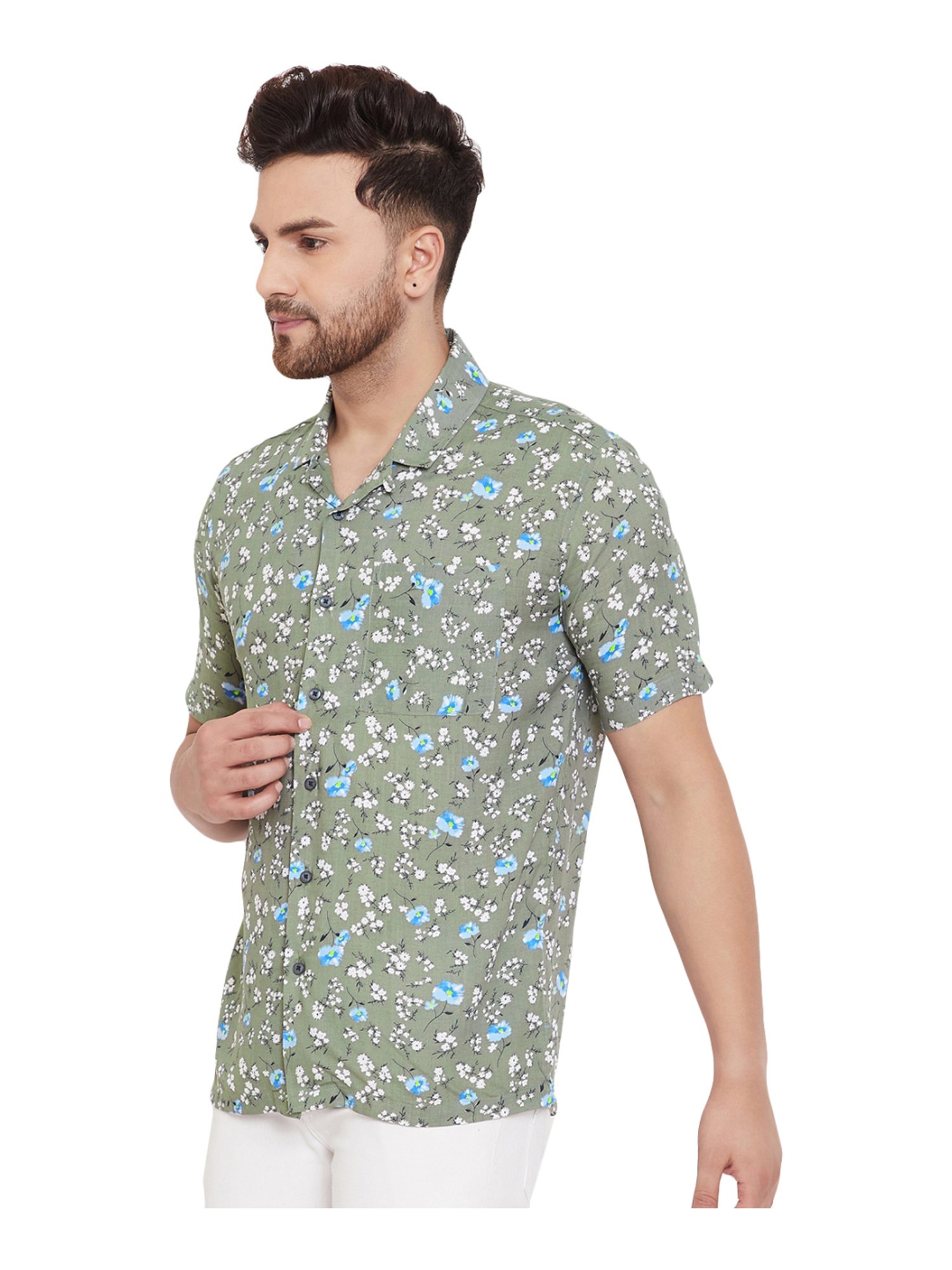 Even Olive Green Slim Fit Printed Shirt