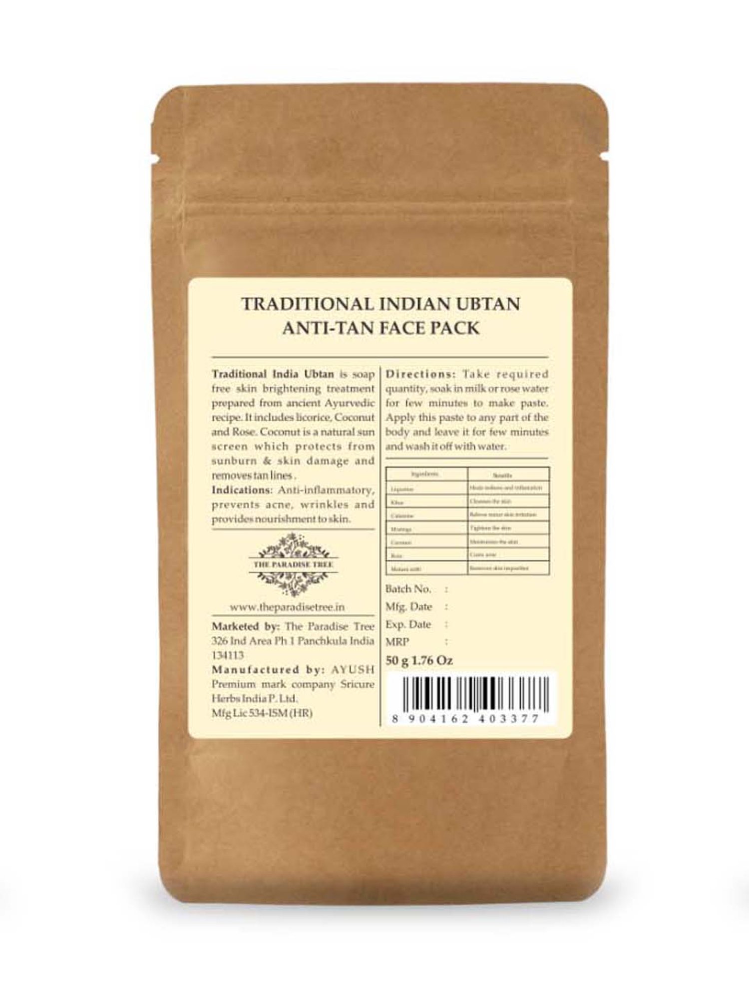 The Paradise Tree's Traditional Indian Ubtan Anti-Tan Face Pack - 50 gm