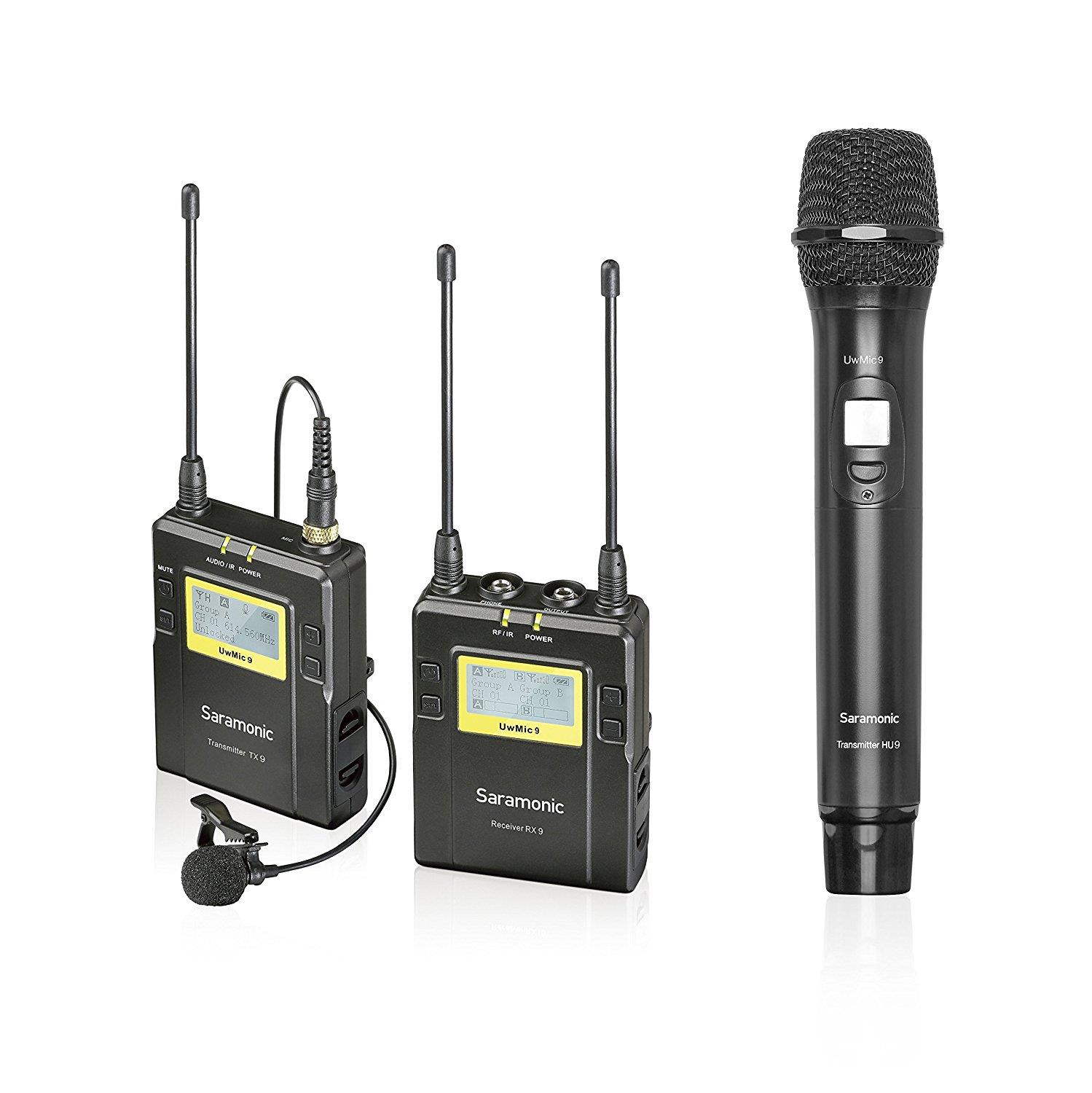 saramonic uwmic9 uhf wireless lavalier + handheld microphone system with bodypack transmitter + lav mic, handheld mic with transmitter, receiver, shoe mount, xlr/3.5mm outputs