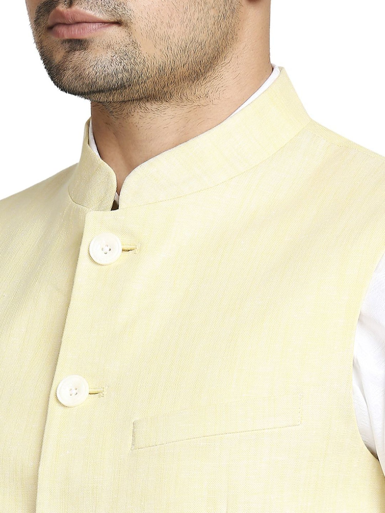 Colorplus Yellow Tailored Fit Self Pattern Nehru Jacket