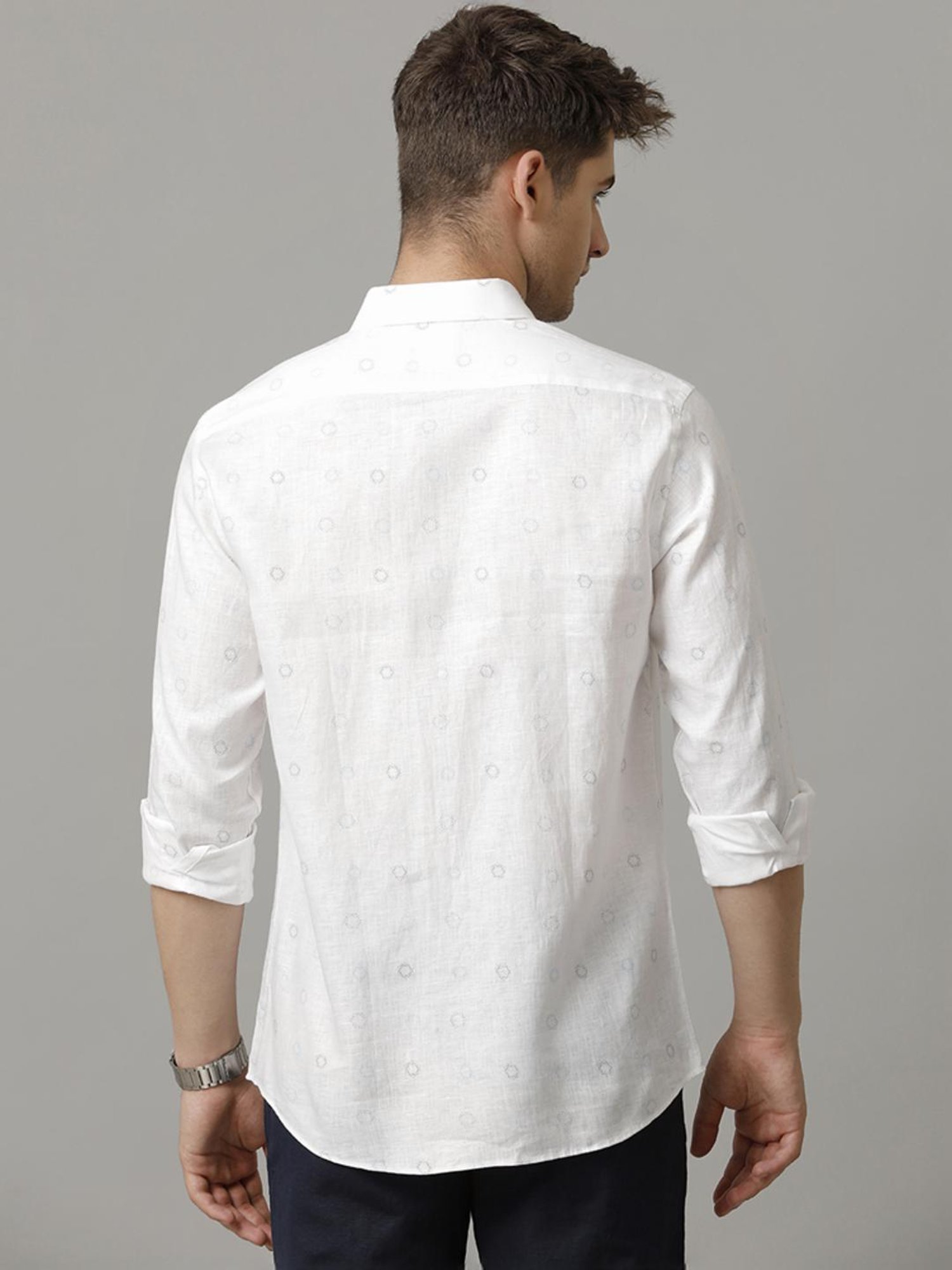 Linen Club White Linen Contemporary Fit Printed Shirt