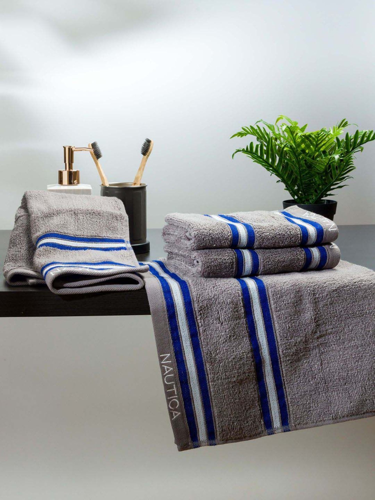 Nautica Vintage Crew Stripe Grey Cotton 500 GSM Super Soft Zero Twist Hand Towel - Set of 4