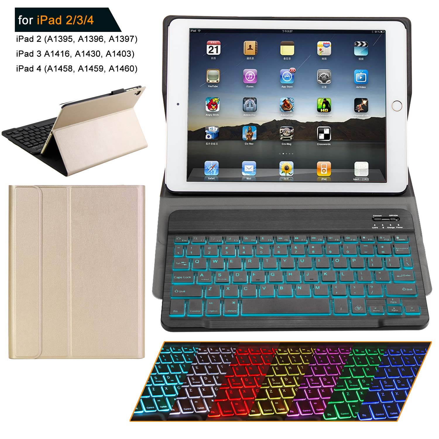 iPad 2 iPad 3 iPad 4 Keyboard Case with Backlight Thin Lightweight PU Leather Removable Wireless Bluetooth Backlit Keyboard Slim Folio Cover Soft Protection for Apple iPad 2nd 3rd 4th Generation