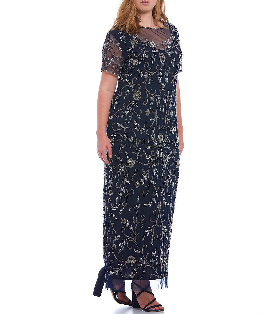 Pisarro Nights Plus Size Short Sleeve Illusion Boat Neck Front Gown