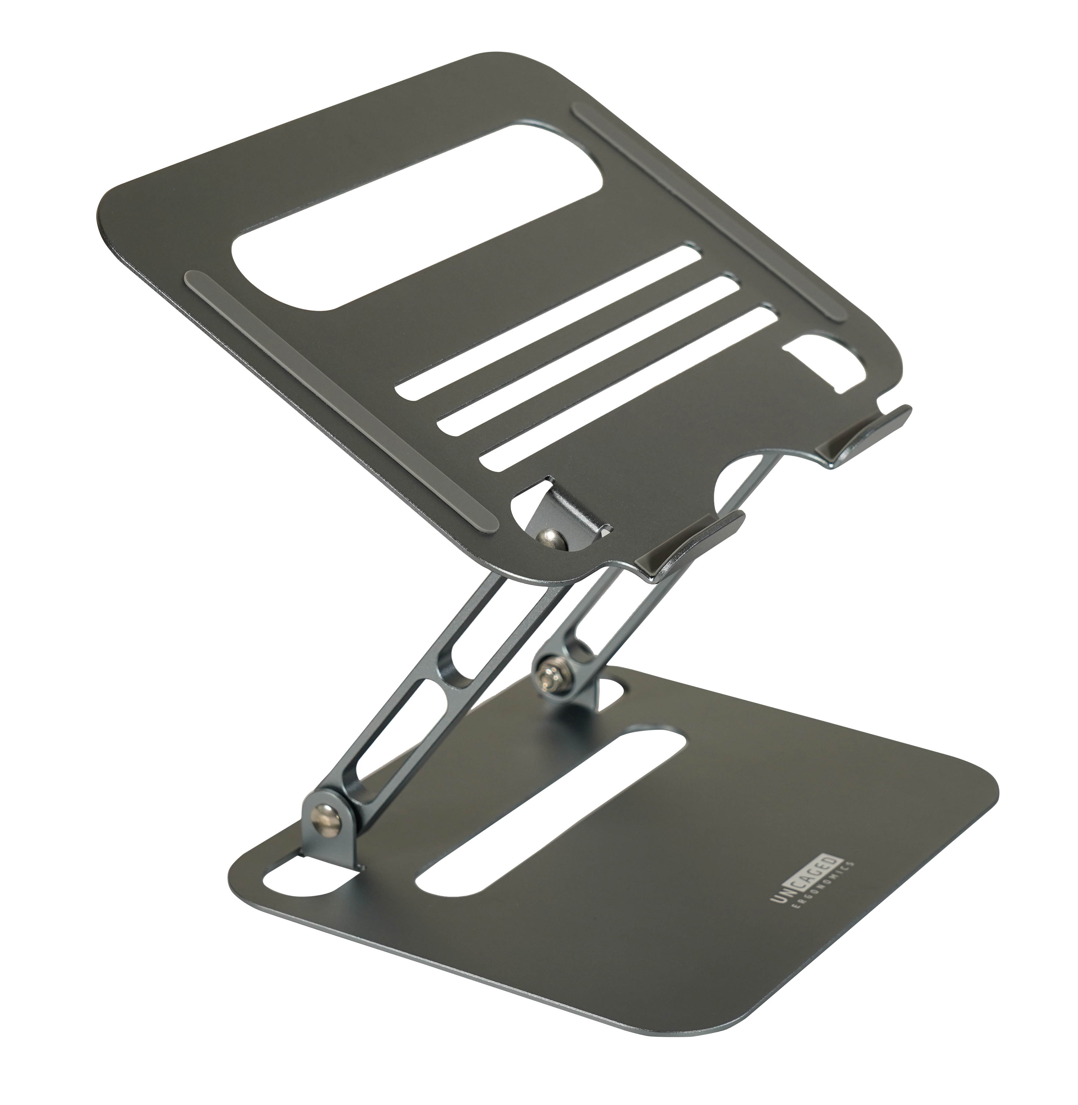 RISE adjustable height tilt laptop desk stand. Small portable ergonomic aluminum notebook computer riser laptop desk stand workstation cooling cooler Space Gray