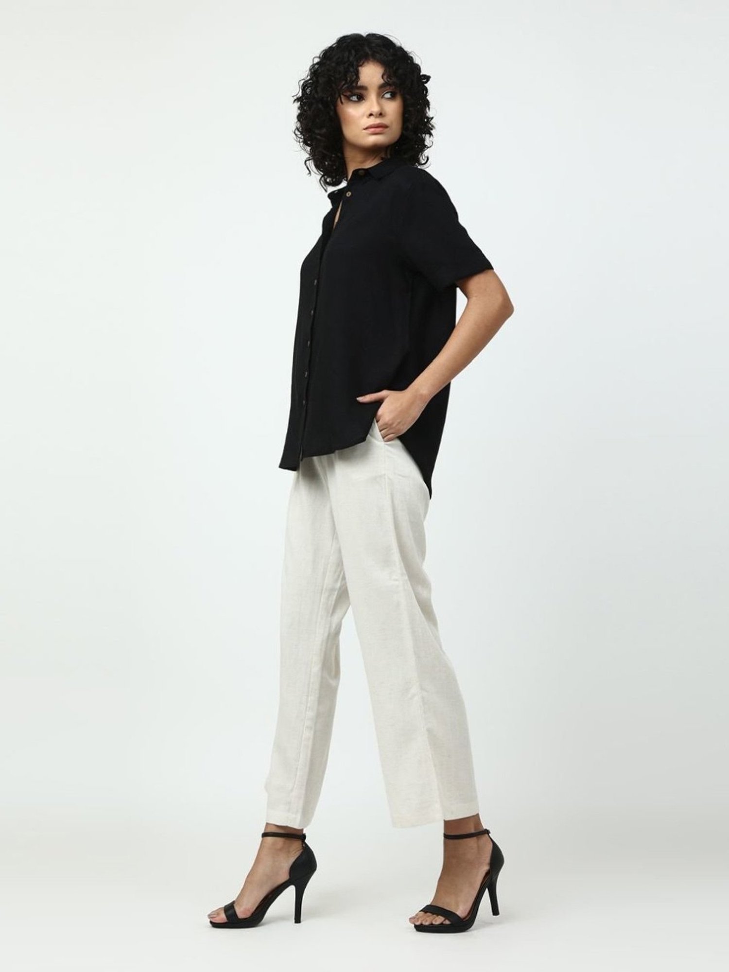 Saltpetre Elegant Linen Black Shirt and Cream Wide Leg Trouser Coord Set