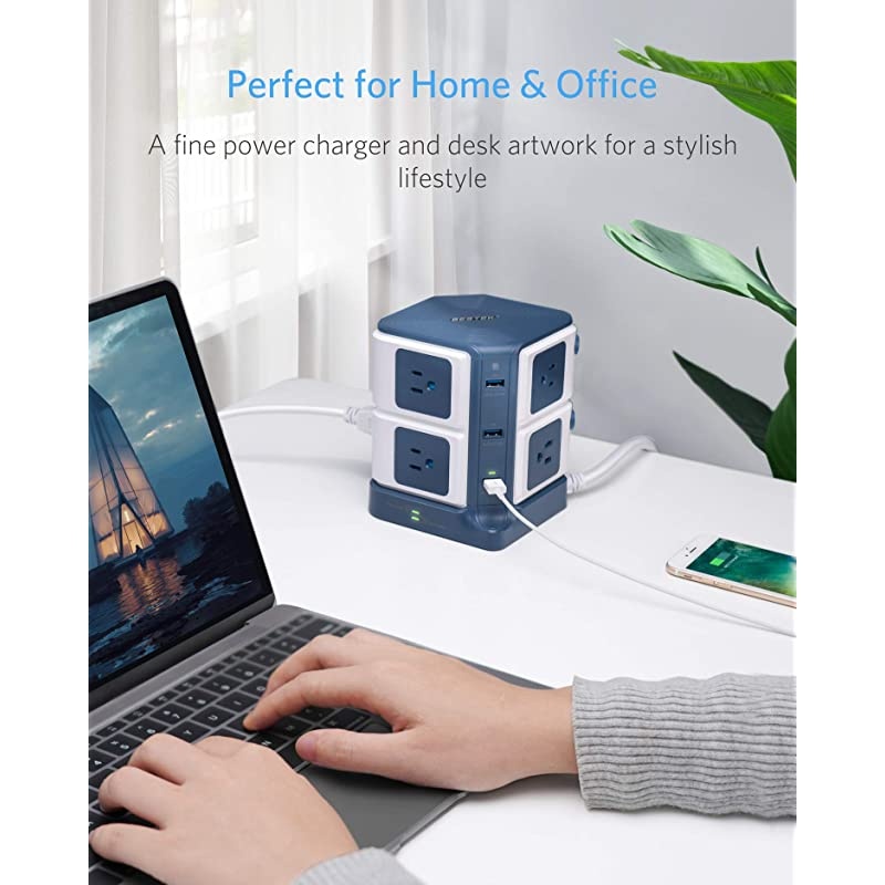 Power Strip Tower 8-Outlet and 6 Smart USB Charging Ports 1500 Joules Surge Protector with 6 Feet Extension Cord ETL Listed