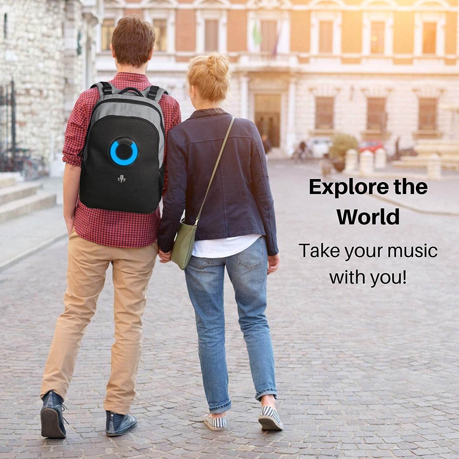 WOWmazing Backpack with Detachable Bluetooth Speaker - Water/Shock Proof Speaker Bag w/Built-in Battery Bank for iPhone & Android Phones - for School, Beach & Outdoor Parties (Gray)