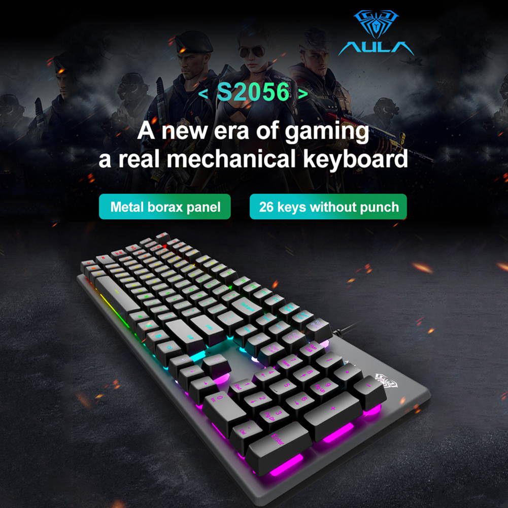 AULA S2056 Rainbow Square Keycap Wired Gaming Membrane Keyboard USB Interface ABS Floating Keycap Metal Borax Panel Keyboard