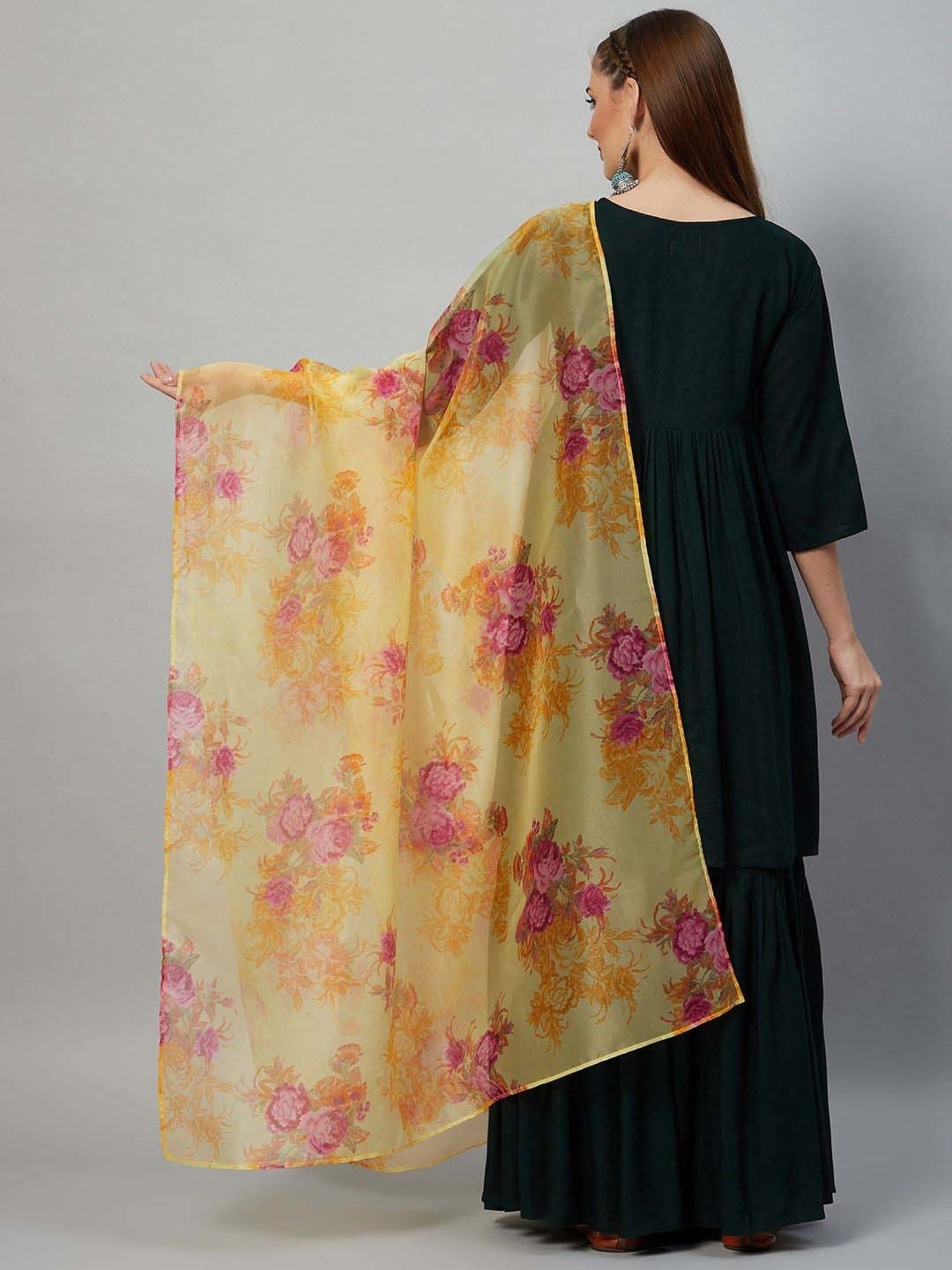 Inweave Yellow Floral Print Dupatta
