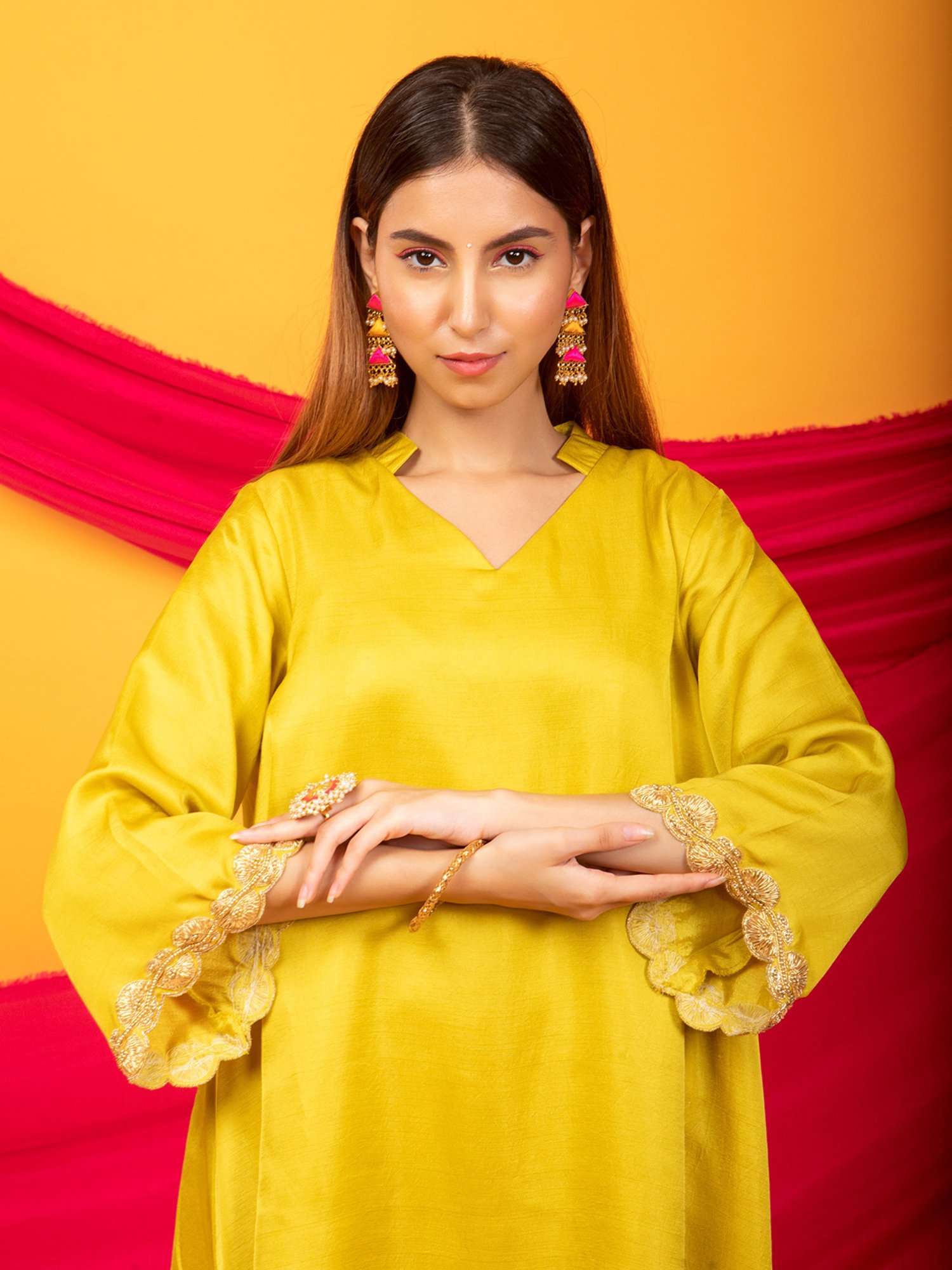 Monk & Mei Nusrat Assymetrical Kurta and Pant Co-ord Set-Canary Yellow