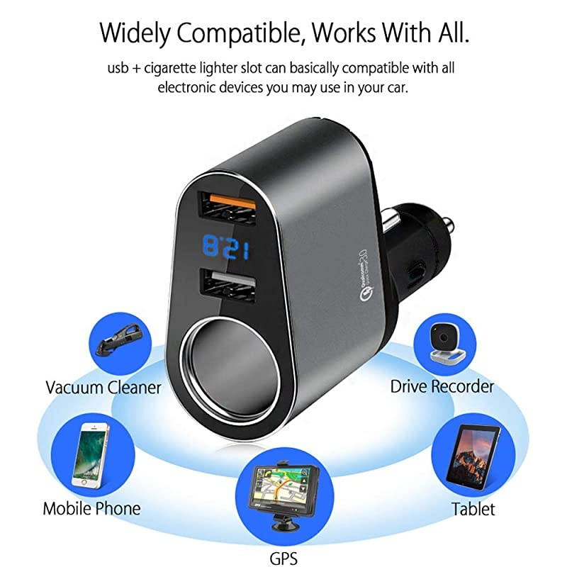 Car Charger Adapter, 60W Cigarette Lighter Socket Splitter, Dual USB Quick Charge 3.0 and 2.4A USB, Voltage Display for iPhone,iPad,Smart Phone,Andriod,Samsung,Dash Cam,GPS (12V-24V)
