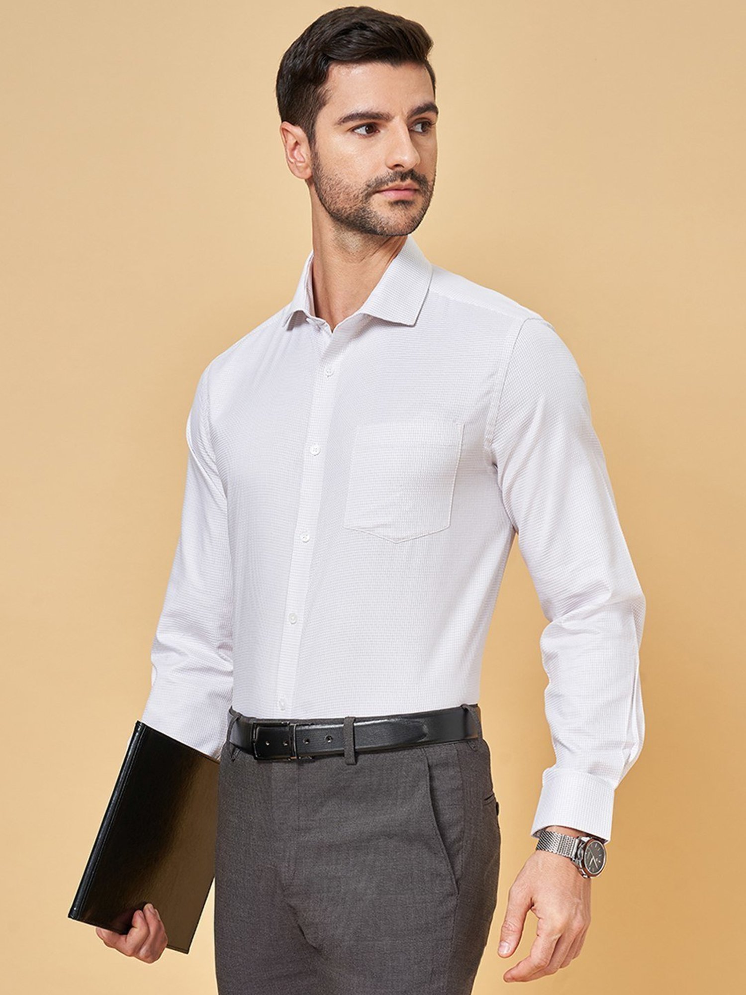Peregrine by Pantaloons White Cotton Regular Fit Texture Shirt