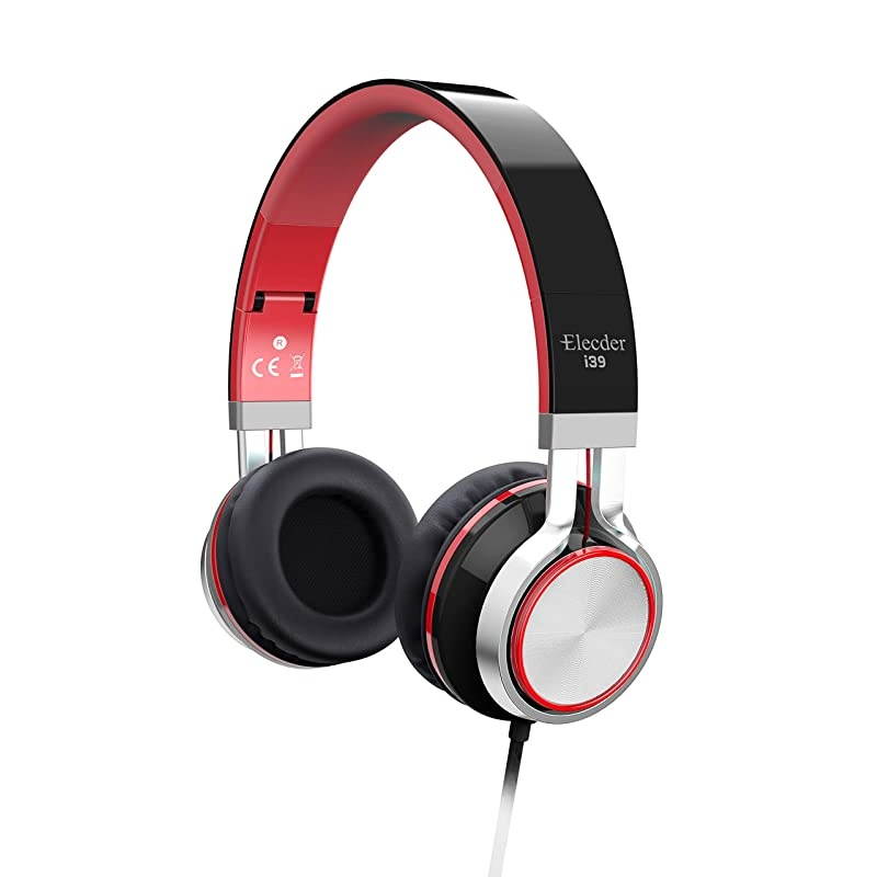 i39 Headphones with Microphone Foldable Lightweight Adjustable On Ear Headsets with 35mm Jack for Cellphones Computer MP34 Kindle School RedBlack