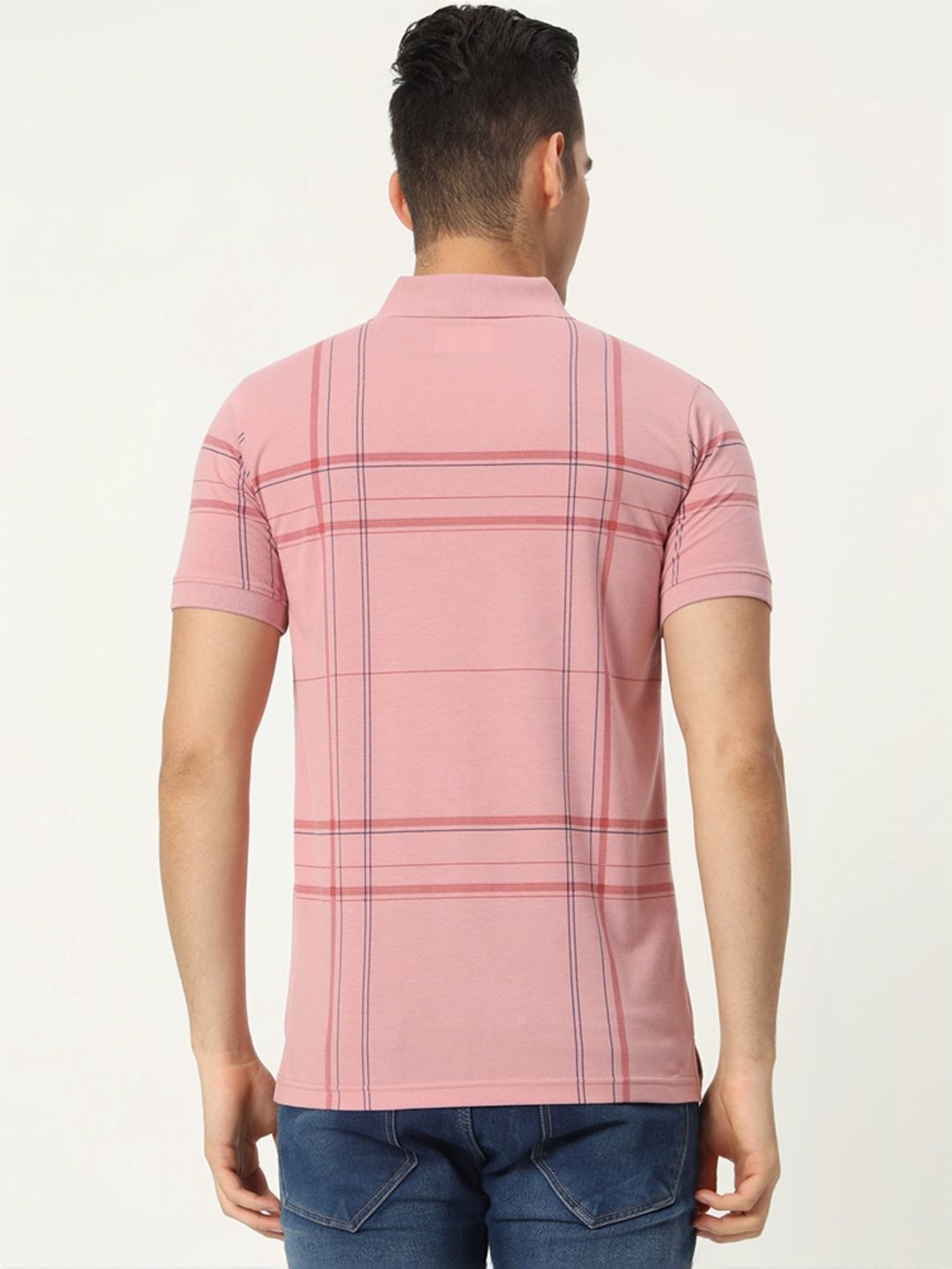 Tab91 Pink Regular Fit Checks Polo T-Shirts