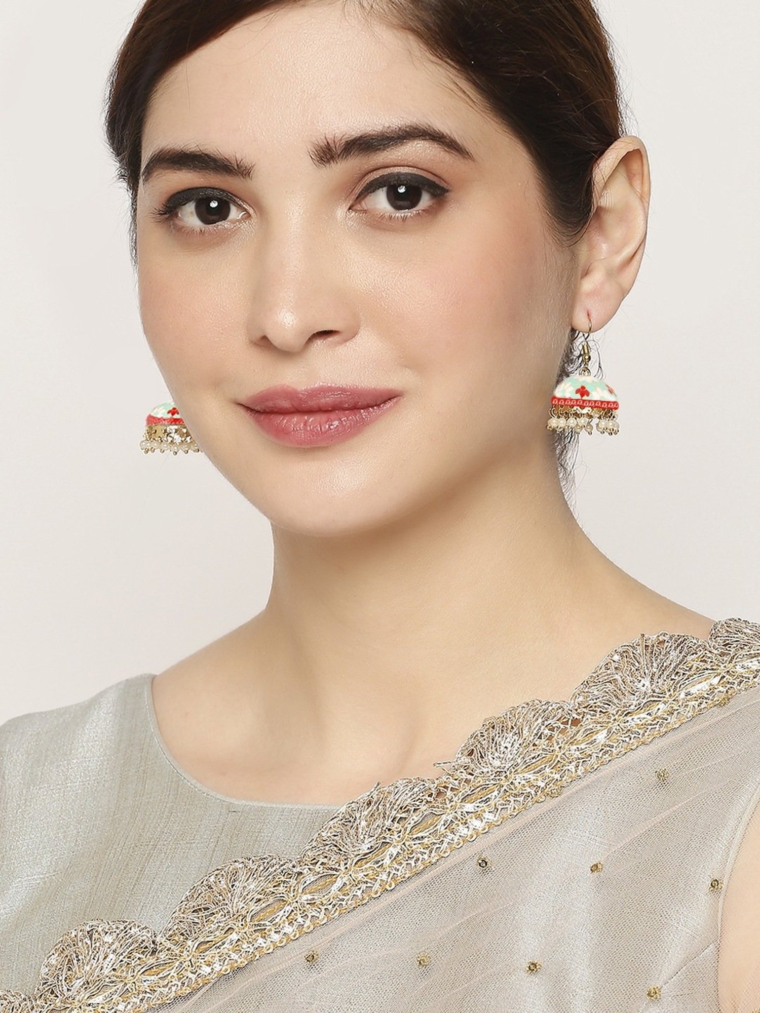 Oomph Red & Mint Green Meenakari Enamel Minimal Floral Jhumki Earrings