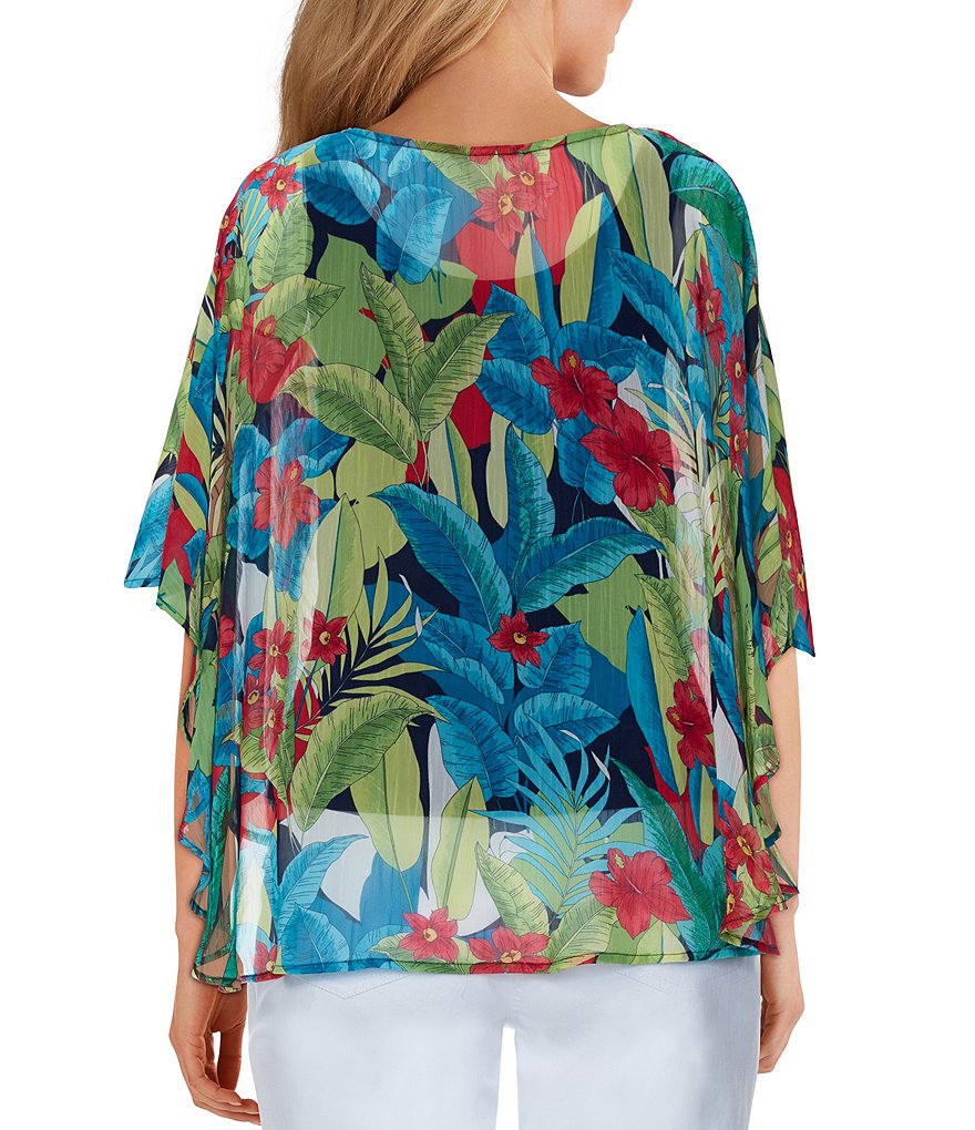 Ruby Rd. Tropical Print Embellished Jewel Neck 3/4 Sleeve Butterfly Top