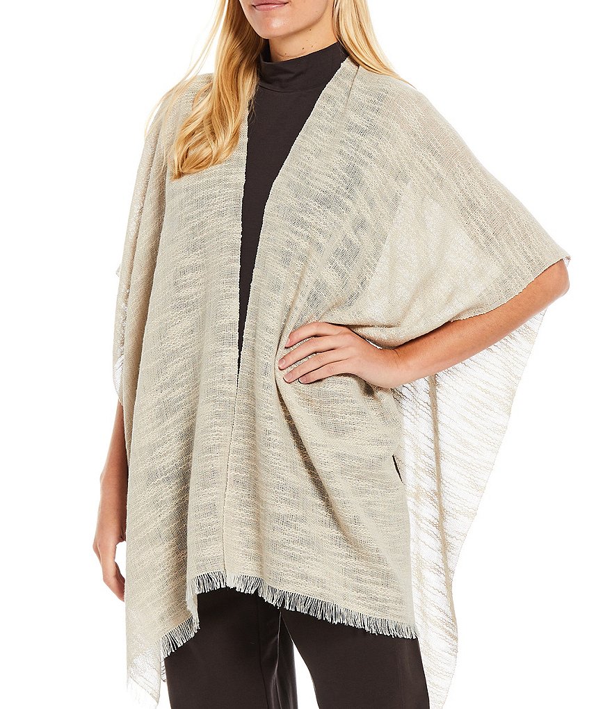 Eileen Fisher Open Neck 3/4 Sleeve Handwoven Cotton & Alpaca Slub Poncho