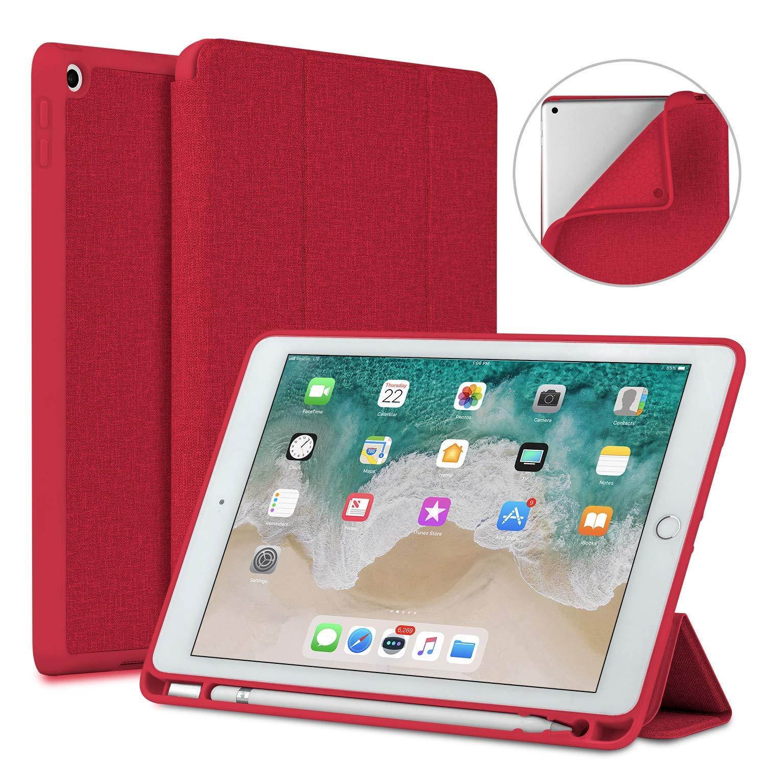 Soke New iPad 9.7 2018/2017 Case with Pencil Holder, Lightweight iPad Case Trifold Stand with Shockproof Soft TPU Back Cover and Auto Sleep/Wake Function for iPad 9.7 inch 5th/6th Generation, Red