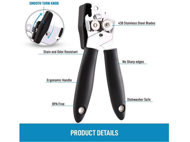Zulay Can Opener With Stainless Steel Blades - Ergonomic Grip Soft Edge Manual Can Opener - Smooth To Operate Hand Can Opener With Large Turn Knob