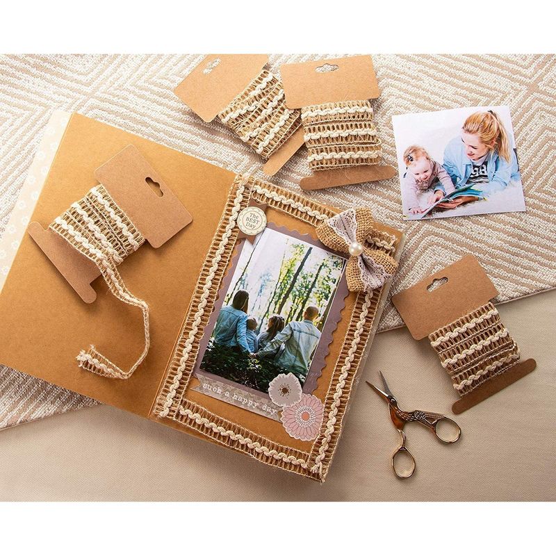 Genie Crafts 12-Pack Brown Burlap Jute Fabric Ribbon Trim Roll with White Trim 0.7" x 1.09-Yard for Crafts