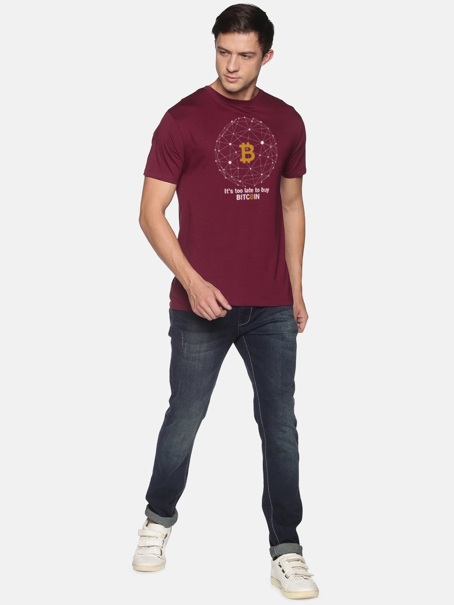 BLACK RADIO Maroon Slim Fit Printed Cotton Crew T-Shirt