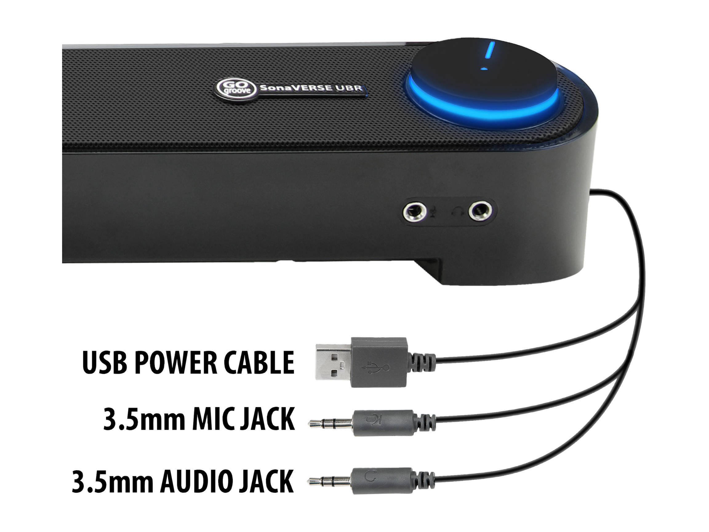 Desktop Computer Sound Bar Speaker w/ Easy Access Headphone & Mic Jacks by GOgroove - SonaVERSE UBR (Blackout) - USB Powered, LED accents, Compact 16.5" Length, Angled Design - Ideal for Small Desks