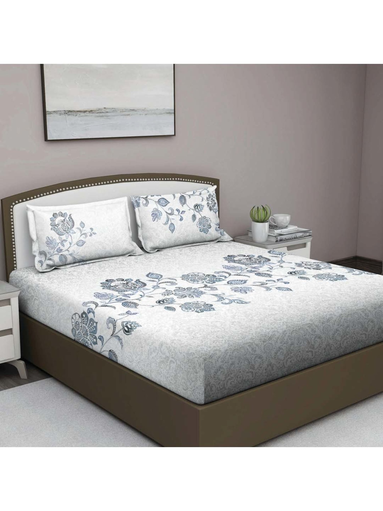 GM 'Fiesta' Grey & White Cotton 180 TC Double Bedsheet with 2 Pillow Covers